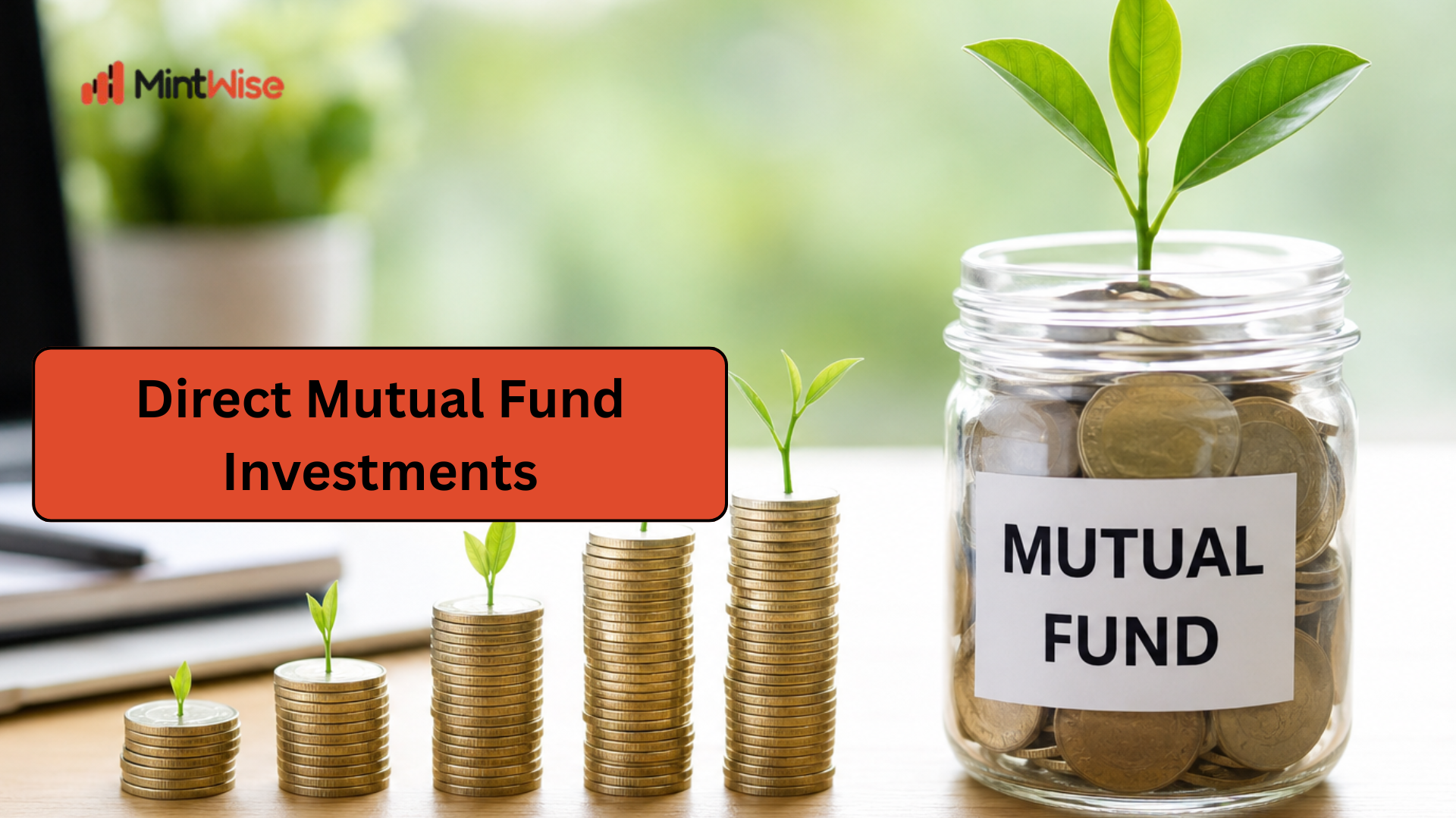 Direct mutual fund investments in India represented by growing coin stacks with green plants and a savings jar, symbolizing long-term wealth creation and financial growth.
