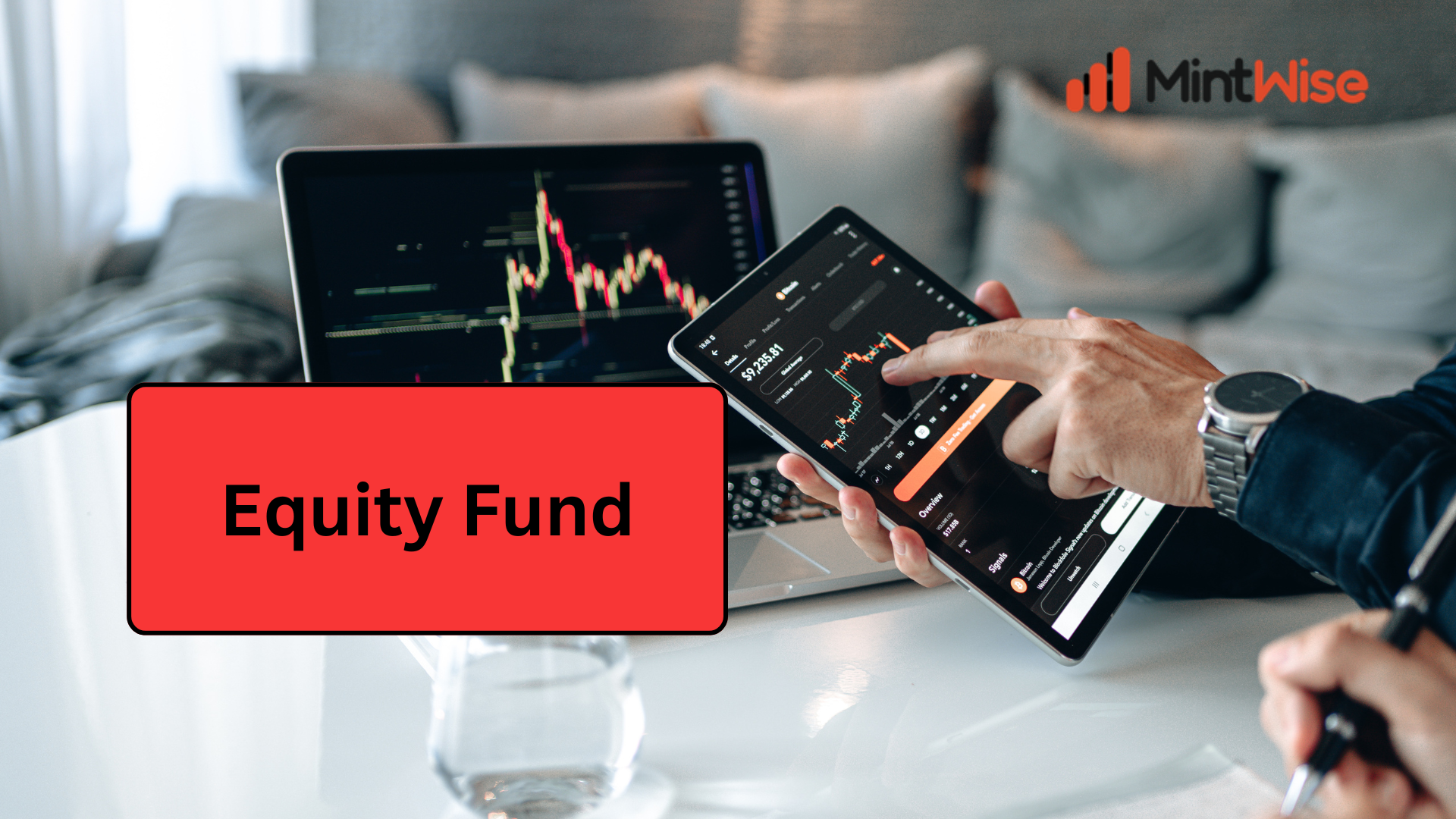 Investor analyzing stock market charts on a tablet and laptop, representing equity fund investing for long-term wealth creation and portfolio growth.