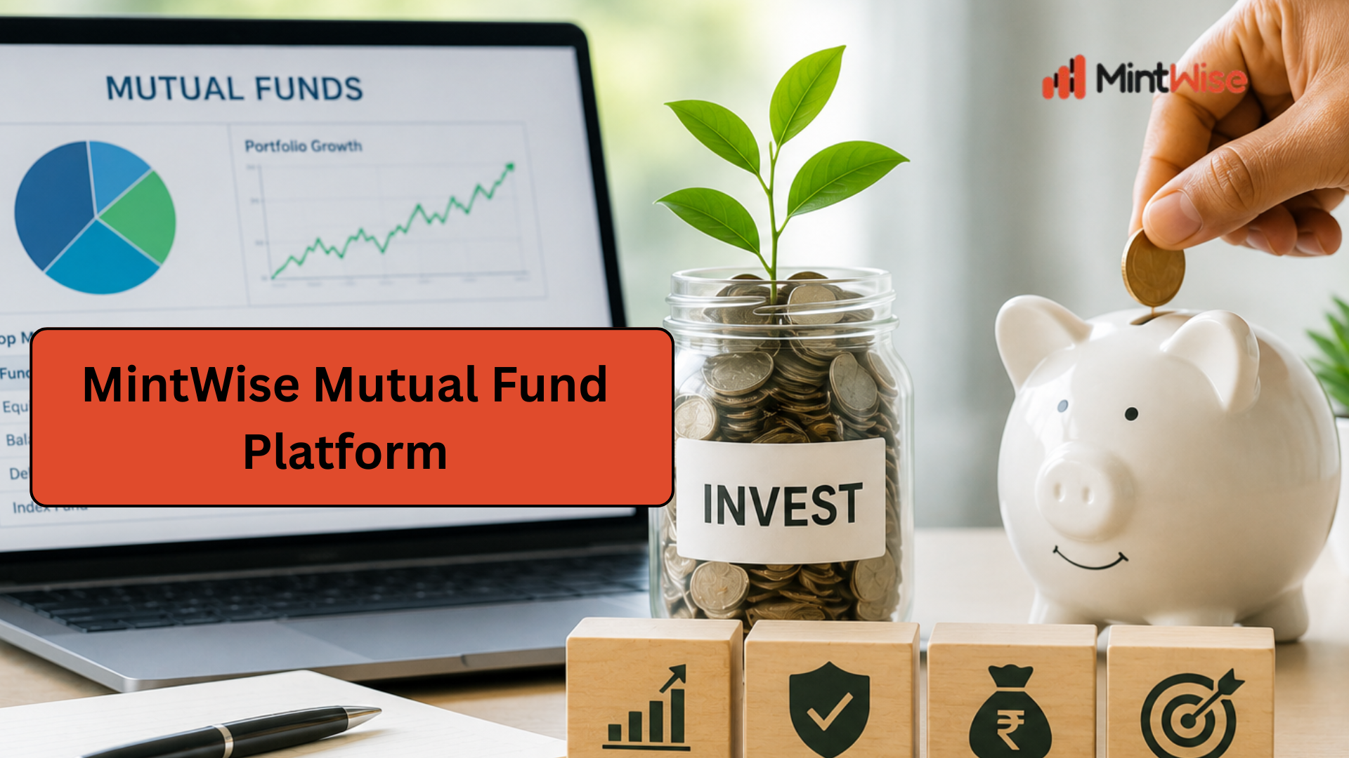 Person investing in mutual funds using a digital investment platform with savings jar, piggy bank, and financial growth elements.