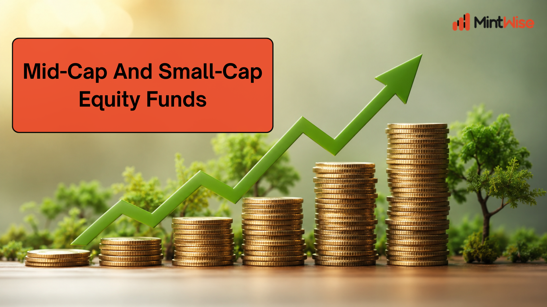 Mid-cap and small-cap equity funds with rising coin stacks and an upward green arrow representing long-term investment growth.