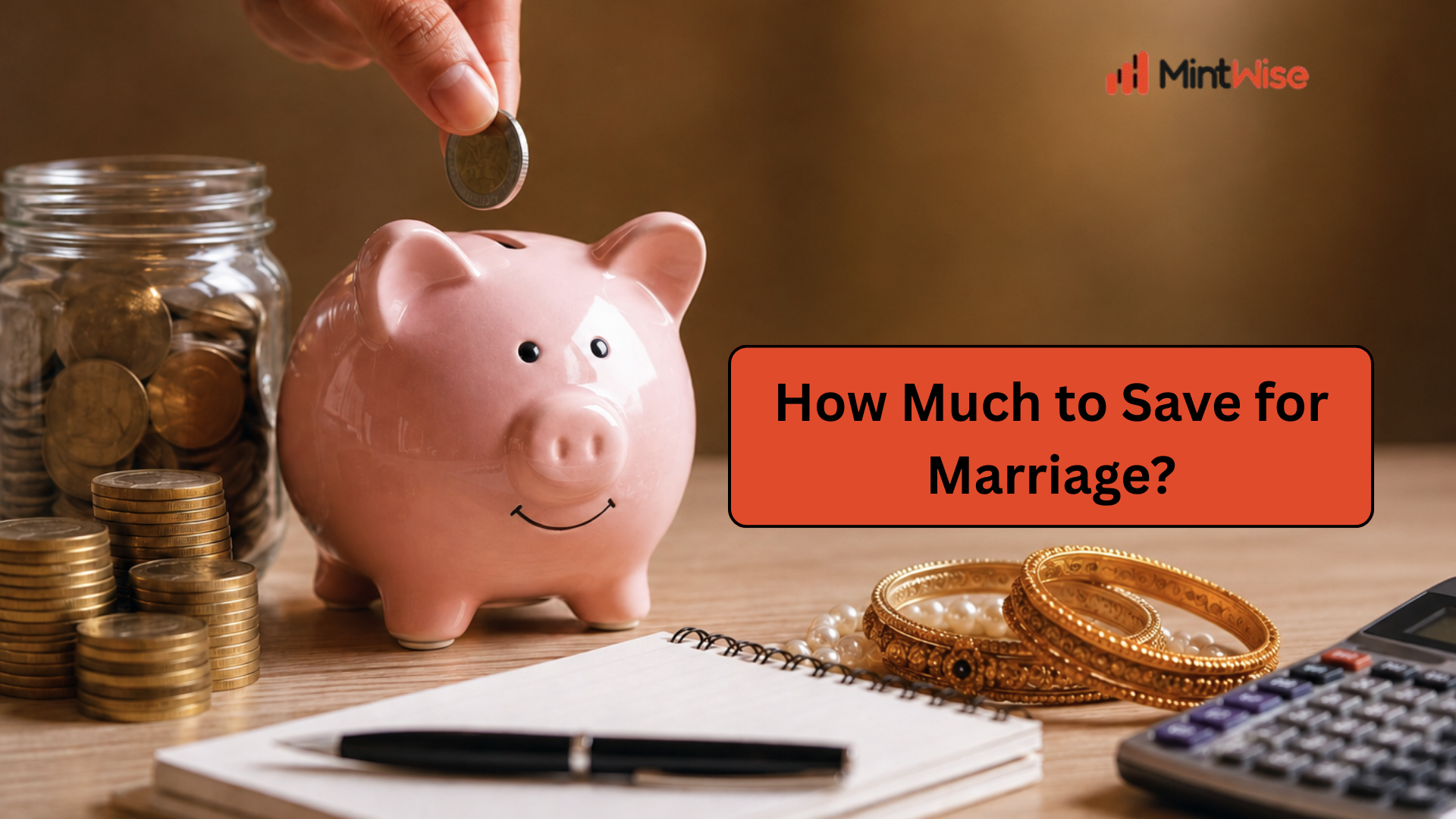 Piggy bank with coins, calculator, notebook, and gold bangles representing marriage savings planning.