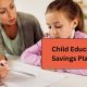 Child education savings planner showing a mother helping her daughter with schoolwork and financial planning.