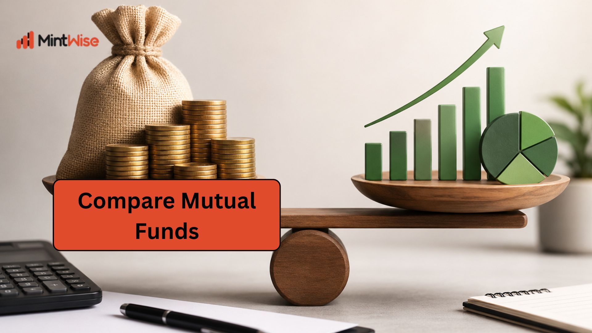 A balance scale displaying a money bag and stacked coins on one side and growing financial charts on the other, representing mutual fund comparison, investment performance, and portfolio evaluation.