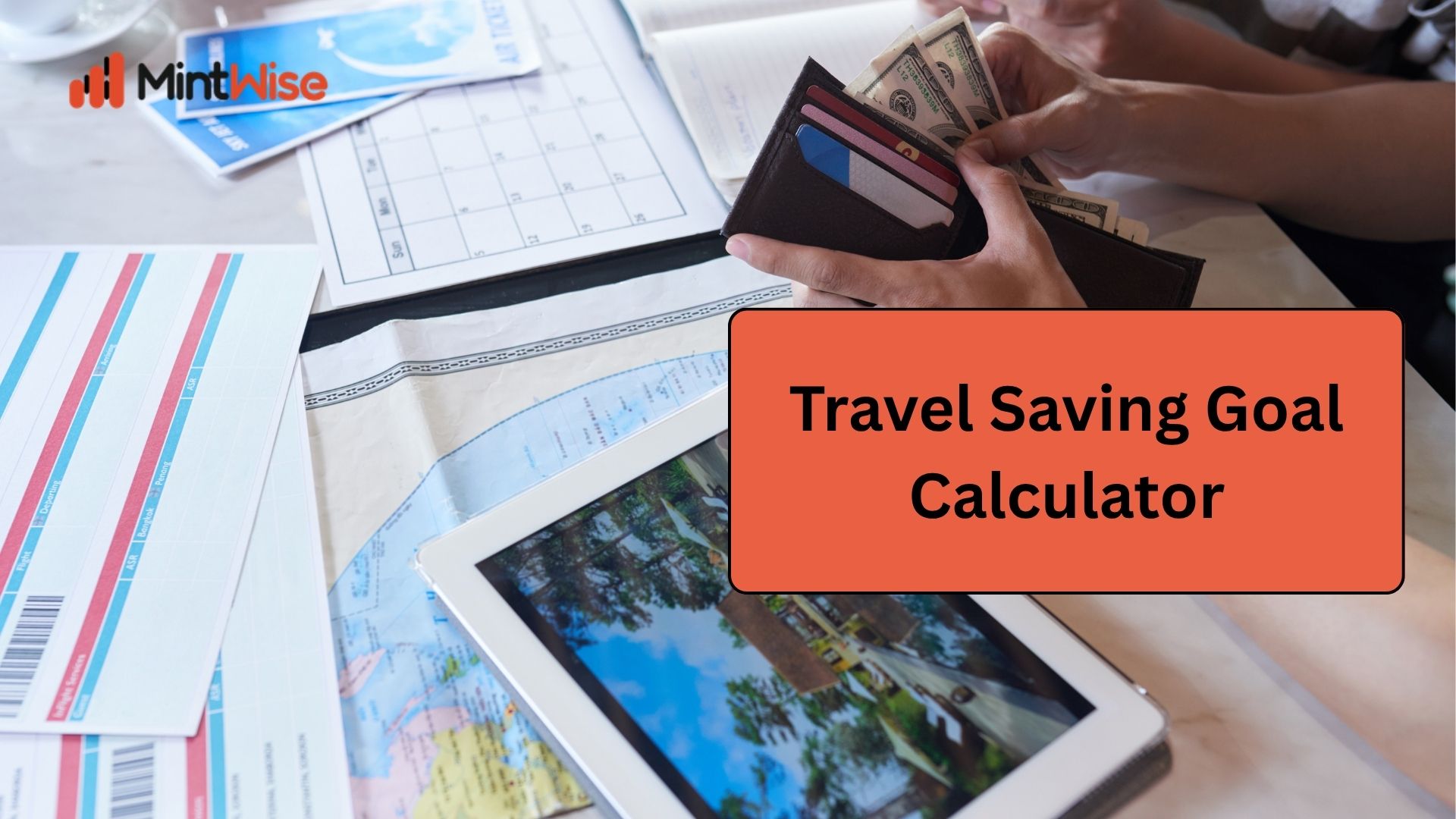Travel Savings Goal planning with wallet, cash, travel documents, and map