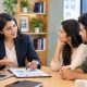 Financial advisor discussing mutual fund investment options with a young couple in a modern office.