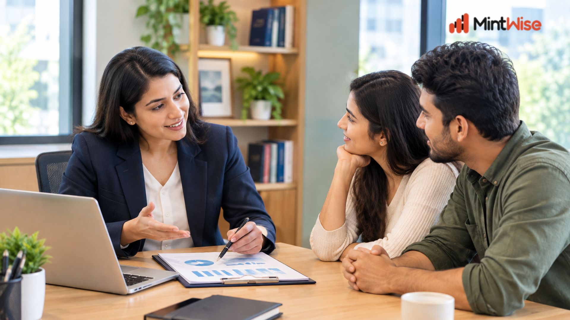 Financial Advisor for mutual fund near me Financial advisor discussing mutual fund investment options with a young couple in a modern office.