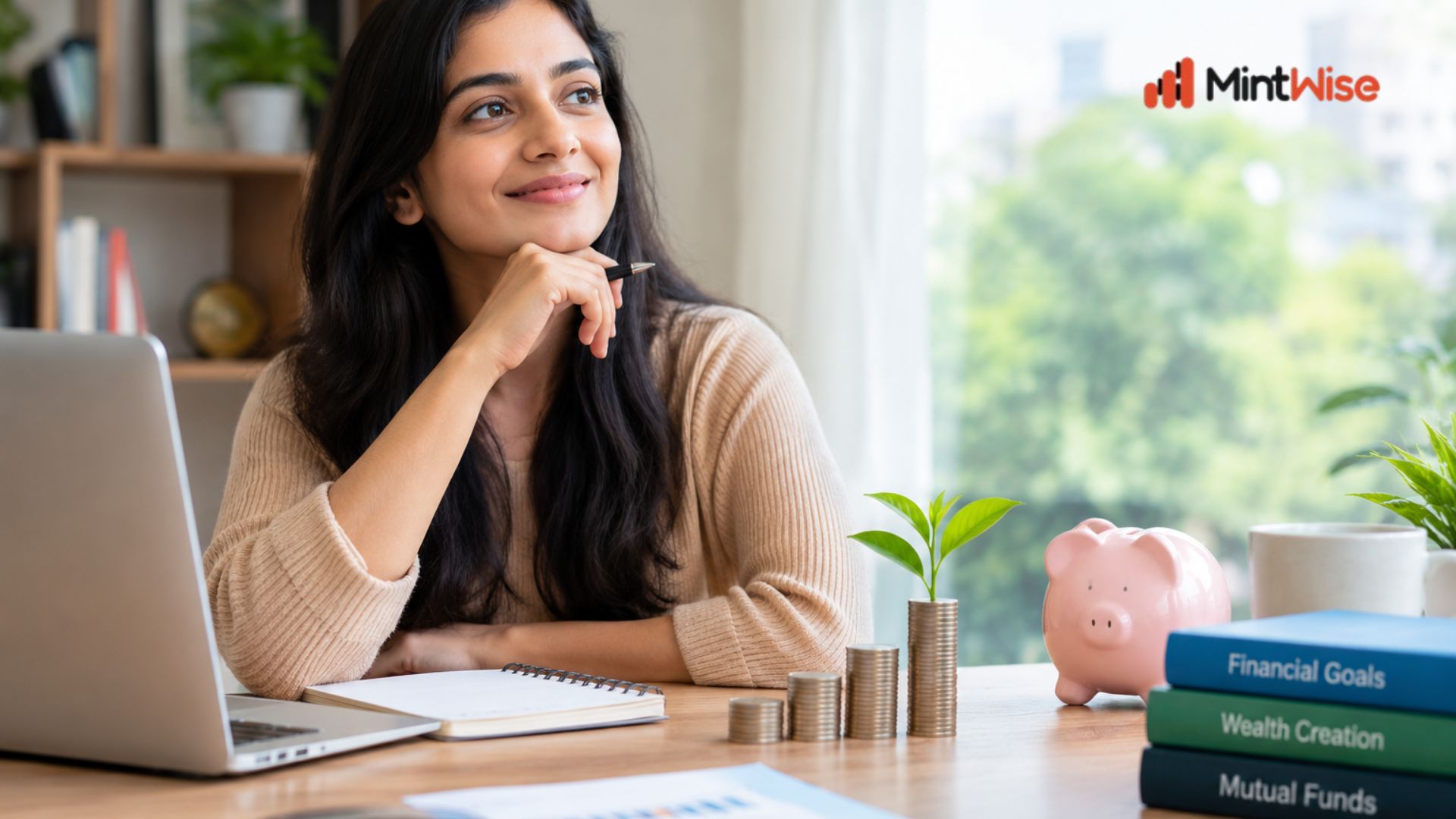 Mutual fund investment planning in India with a woman reviewing financial goals and savings.
