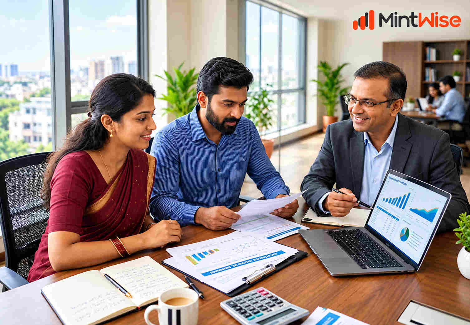 Mutual fund planning Services with a financial advisor and clients, featuring the MintWise logo.