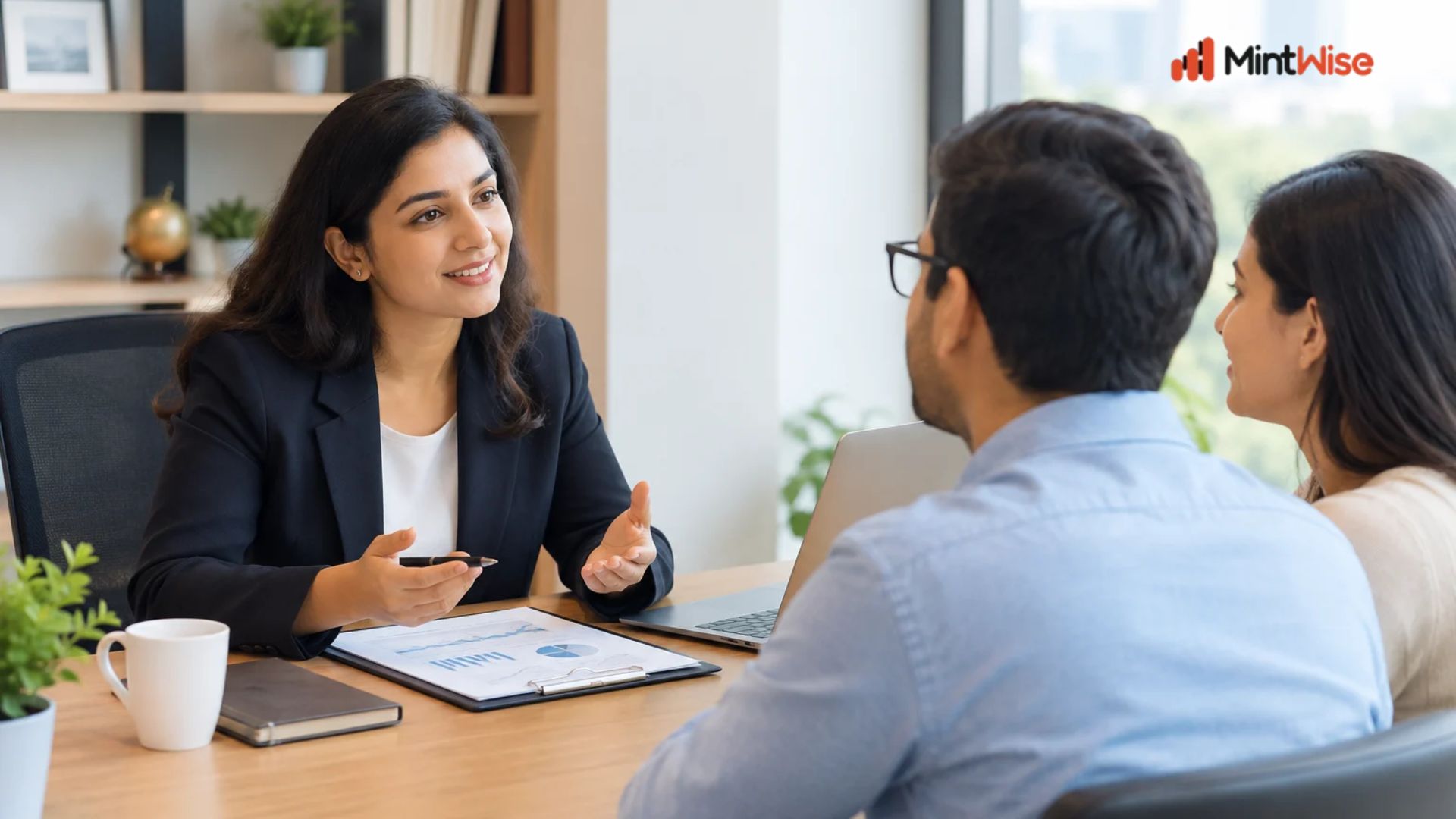 Wealth management consultant discussing financial planning and investment strategies with a couple in a professional office.